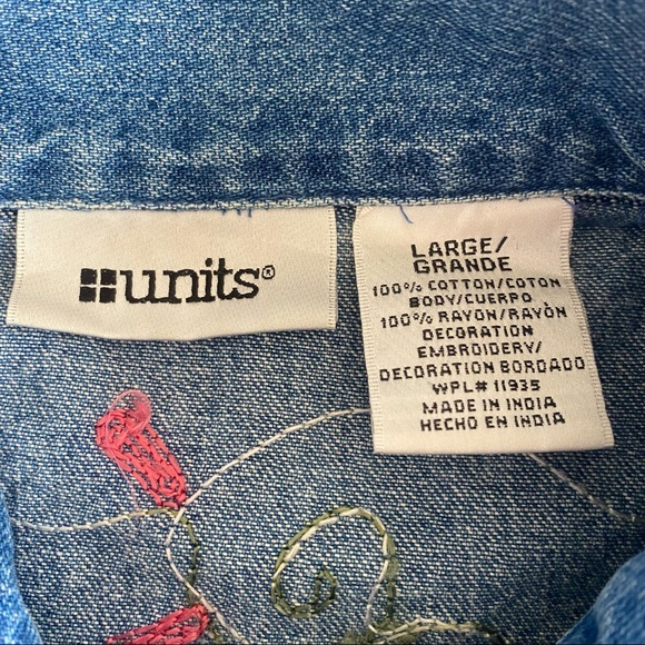 Vintage Units Embroidered Floral Denim Jean Shirt Jacket L - Picture 5 of 7